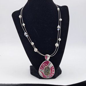 Abalone Enamel Pendant Strung on Beaded Silver-tone Wires